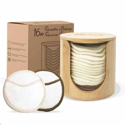 16x Almohadillas de Algodón Reutilizables Blancas de 4 Capas + Soporte de Bambú