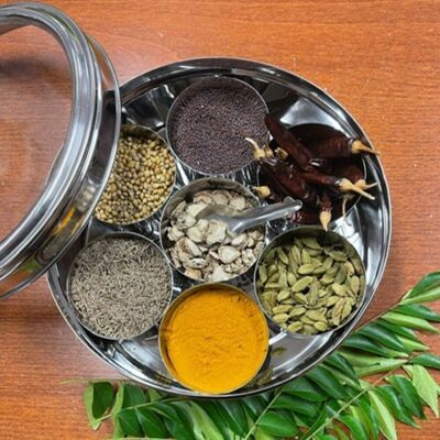 Masala Spice box XL - stainless steel with lid (with 7 jars)