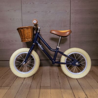 Retro balance bike for children with wicker basket, Midnight blue color
