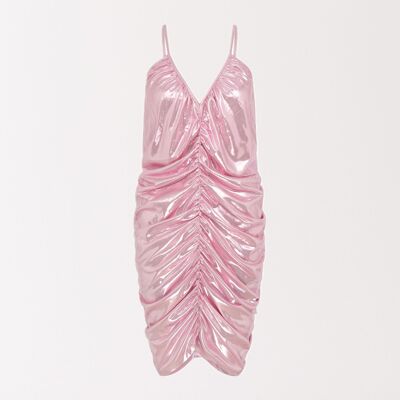 Metallic Ruched Mini Dress in Pink