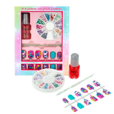 Set de manicura infantil con pintauñas al agua, uñas postizas y brillos decorativos