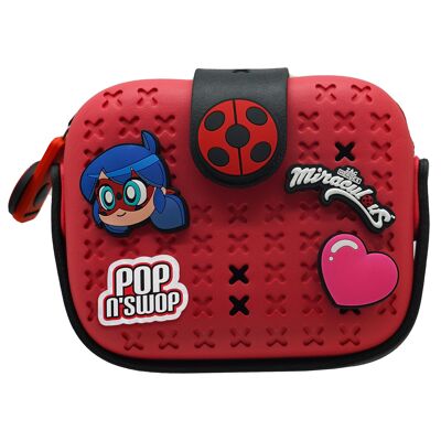 Miraculous Ladybug - rif: M01004 - borsetta rossa 'Pop n' Swop' - per ragazze e donne, con 4 badge a scatto, manico e chiusura con cerniera, borsa leggera, resistente e impermeabile (Wyncor).