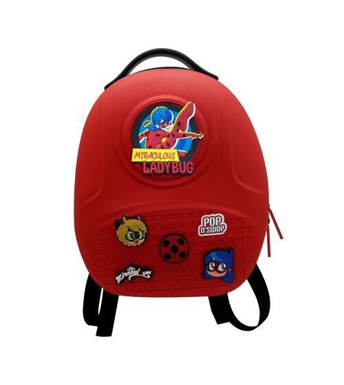 Miraculous - réf : M01007 - Sac à dos rouge Ladybug ‘‘Pop n' Swop’’ avec poignée noire, 6 badges à clipser et fermeture éclair, sac léger, durable et étanche avec bretelles ajustables (Wyncor).