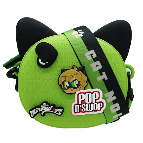 Miraculous - réf : M01003 - Sac Bandoulière Vert - Cat Noir - "Pop n'Swop" - avec 4 Badges à Clipser, Fermeture éclair en Forme de Patte de Chat, Sangle Ajustable, Oreilles Amovibles, Sac léger et imperméable (Wyncor).