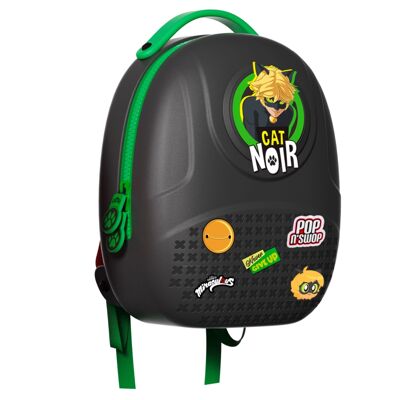 Miraculous - ref: M01008 - Miraculous Ladybug - Pop n' Swop Cat Noir - Black backpack with green handle, 6 snap-on badges and zip closure, lightweight and durable waterproof bag with adjustable straps (Wyncor)