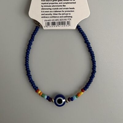 Bracelet mauvais œil, 7 perles chakra, bleu (JIT)