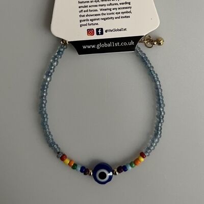 Pulsera contra el mal de ojo, 7 cuentas de chakras, azul claro (JIT)