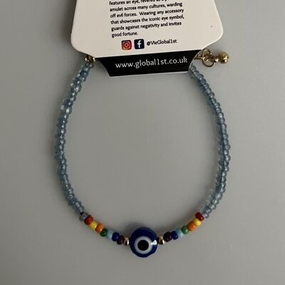 Evil Eye Bracelet, 7 Chakra Beads, Light Blue (JIT)