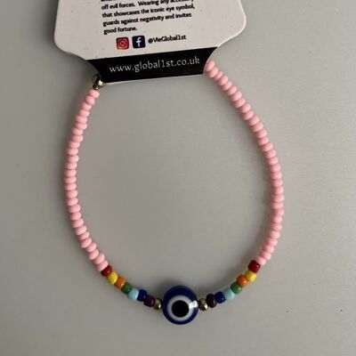Evil Eye Bracelet, 7 Chakra Beads, Pink (JIT)