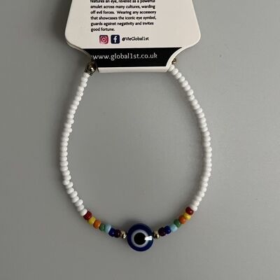 Evil Eye Armband, 7 Chakra-Perlen, Weiß (JIT)