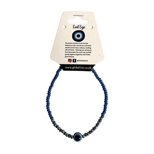 Evil Eye Bracelet with 6 Gold Beads Each Side, Blue (JIT)