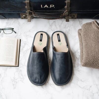 Dark Blue Leather Slippers