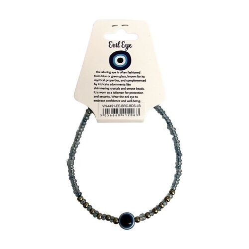 Evil Eye Bracelet with 6 Gold Beads Each Side, Light Blue (JIT)