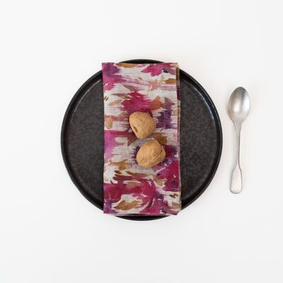 Juego de 2 servilletas de lino natural con flores fucsias