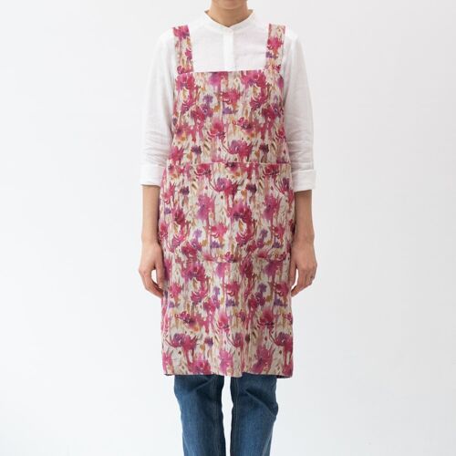 Fuchsia Flowers on Natural Linen Pinafore Apron