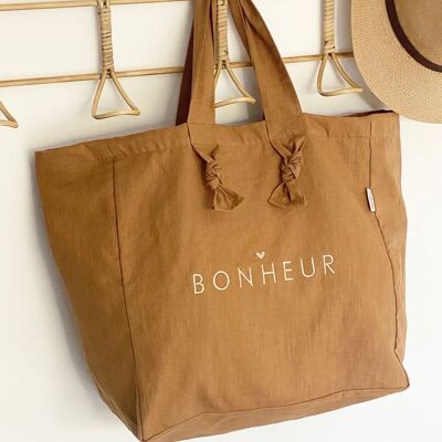 Borsa shopping in lino - Cammello- BONHEUR