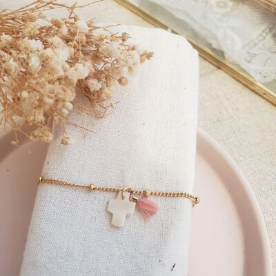 Mother-of-pearl cross and pompom bracelet