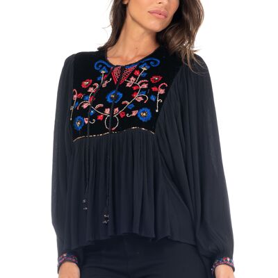 BESTICKTE EINFACHE BLUSE 80 % VISKOSE 20 % POLYESTER PR2727B_BLACK