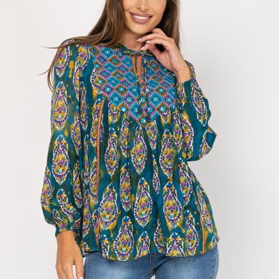 BEDRUCKTE BLUSE 100 % BAUMWOLLE PR8236B_TURQUOISE