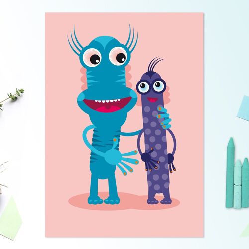 A4 Bild Monster-Freunde „Pindi & Blau“ für Kinder