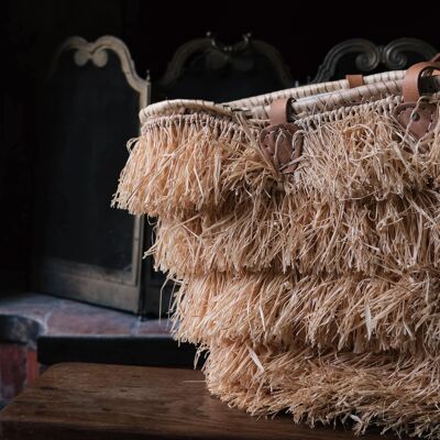 Fringed basket, leather handles