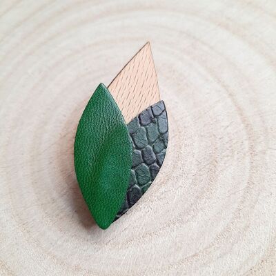 Broche tulipán esmeralda de madera y cuero