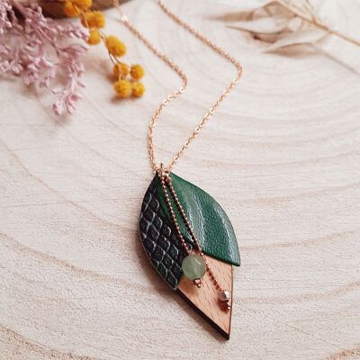 Emerald tulip wood and leather necklace