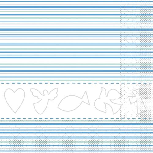 Einweg Serviette Kommunion/Konfirmation in Weiß-Blau aus Tissue 33 x 33 cm, 20 Stück - Ornamente Streifen