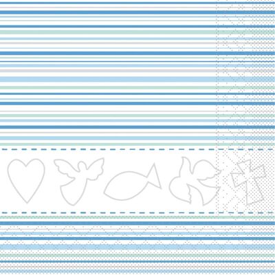 Einweg Serviette Kommunion/Konfirmation in Weiß-Blau aus Tissue 33 x 33 cm, 20 Stück - Ornamente Streifen