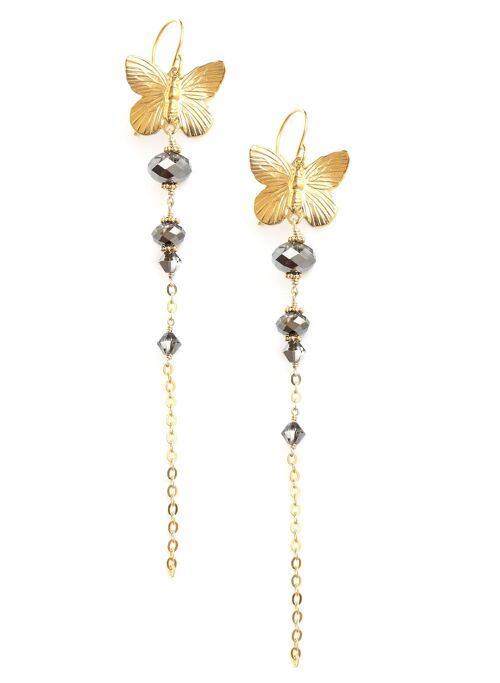 Long butterfly earrings Black Diamond crystals