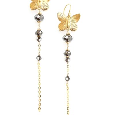 Long butterfly earrings Black Diamond crystals