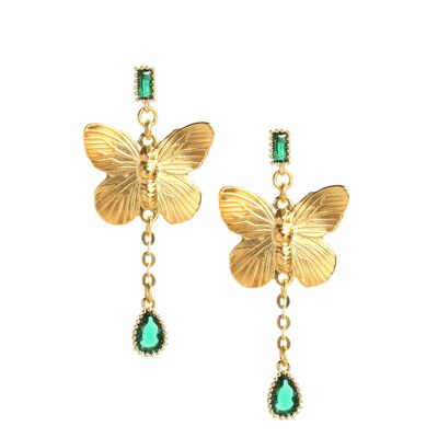 Emerald drop and butterfly stud earrings