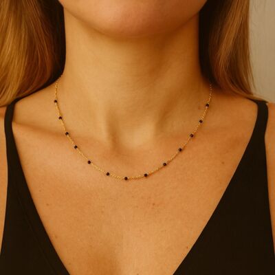 Collana rosario in acciaio pregiato color oro e veri spinelli neri