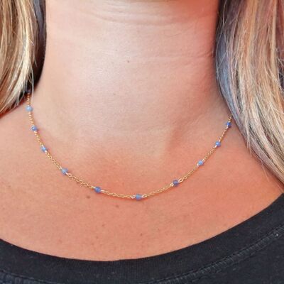 Rosary necklace in gold stainless steel and real blue Aventurine