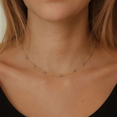Collana rosario in acciaio pregiato color oro e vera Avventurina blu