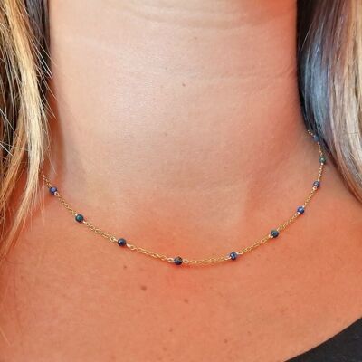 Collier en acier inoxydable doré et perles véritables Lapis-Lazuli