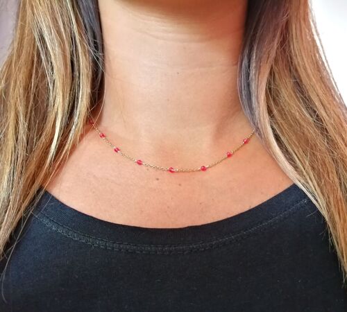 Collier rosaire en acier inoxydable doré et Rubis véritable