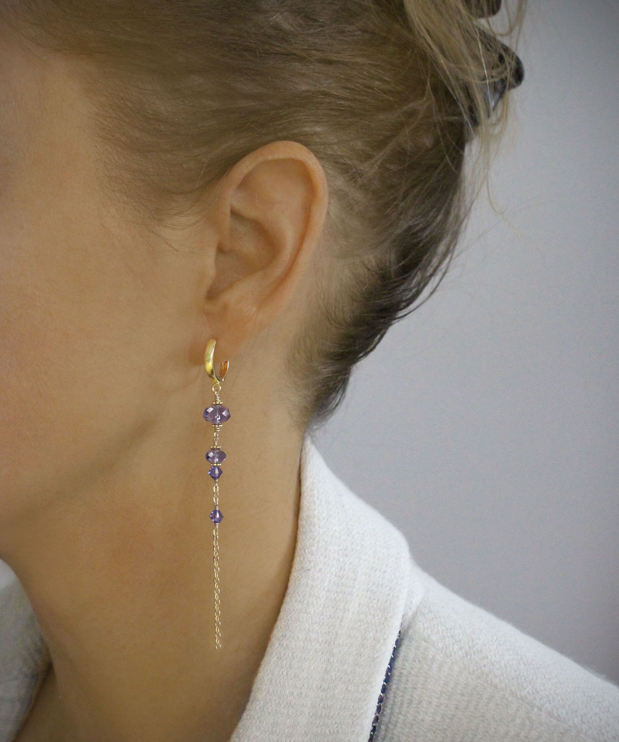 18K gold plated long-length hoop earrings with Tanzanite crystals