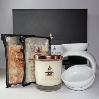 Set regalo con candele Simple Scents Experience, fusione di cera e bruciatore Trio di Roma