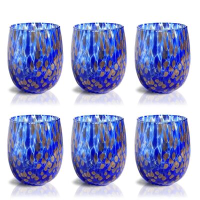 6 Hand-blown and Handcrafted Glass Glasses “I Colori di Murano” with Avventurina - Elegant for Refined Events - Made in Italy