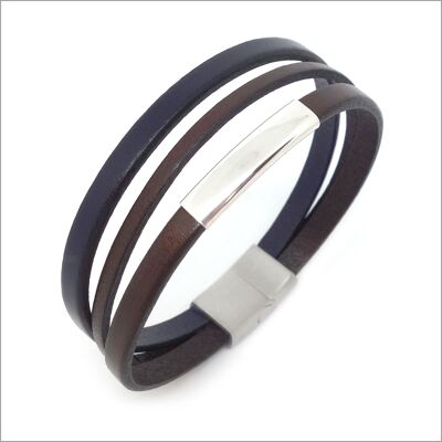 Men's multi-link navy blue brown leather bracelet with metal loop