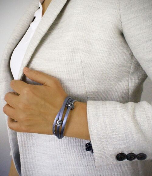 Grey triple wrap silk cord bracelet with pavé crystals