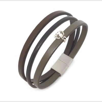 Men's 3-link leather bracelet with elephant jewel loop