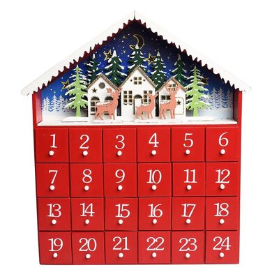 Calendario de adviento de madera con luces LED - Casa roja