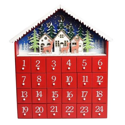 Calendrier de l'Avent en bois avec lumières LED - Maison rouge