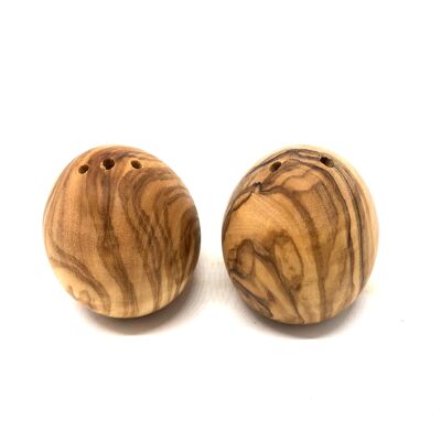 Juego de 2 saleros y pimenteros con forma de huevo fabricados en madera de olivo