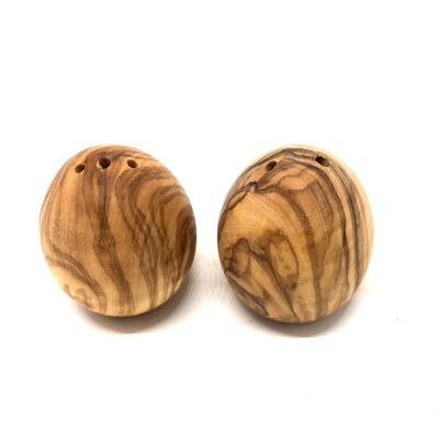 Set of 2 egg-shaped salt and pepper shakers made of olive wood