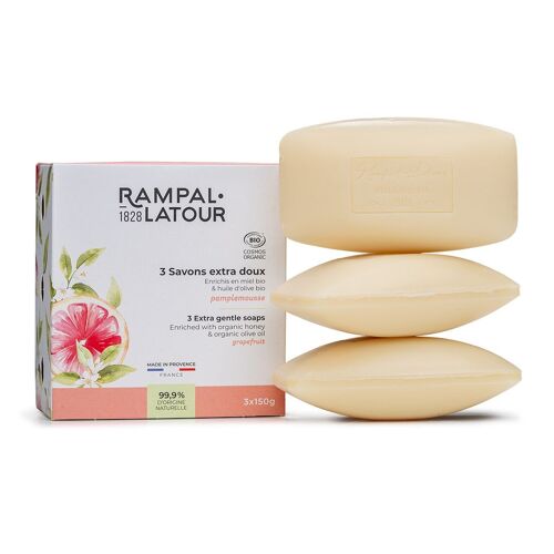 Savons surgras certifiés bio Pamplemousse 3x150g - Cosmétique Bio Ecocert - BIOCF3X150PAMP