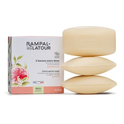 Certified organic Grapefruit superfatted soaps 3x150g - Ecocert Organic Cosmetics
