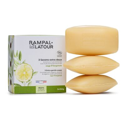 Certified organic Sage-Bergamot superfatted soaps 3x150g - Ecocert Organic Cosmetics